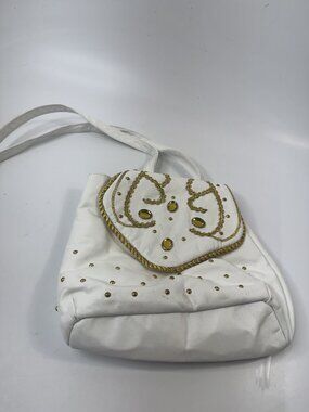 Vintage White Leather Purse With Gold Embellishments & Chain Details Snap Closur